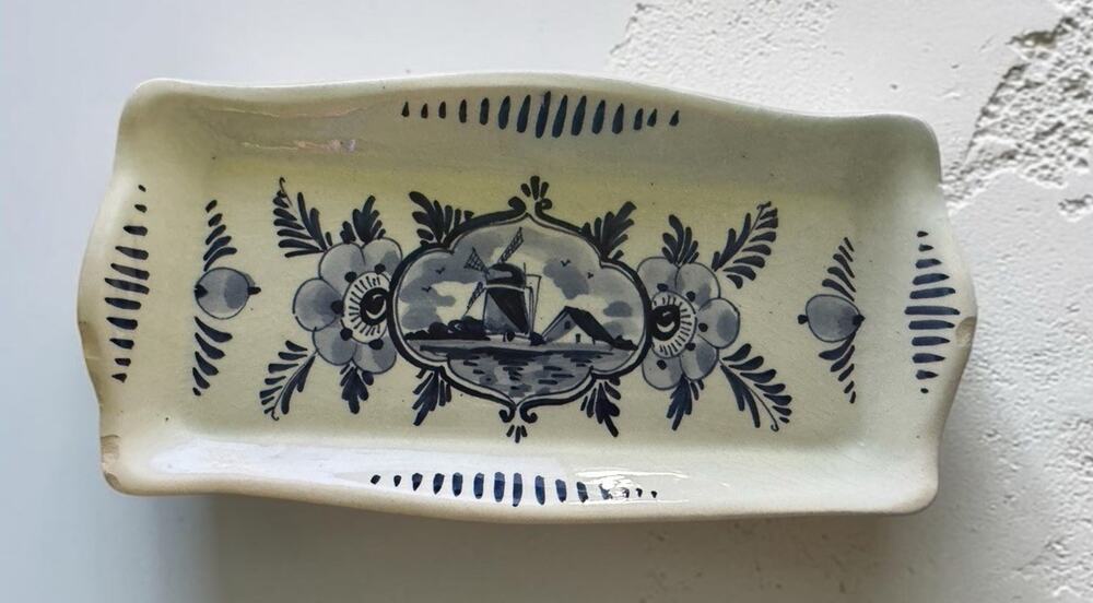 Vintage Delft Windmill Tray Blue Flowers Hand Painted Ceramic 7.5x2.5"